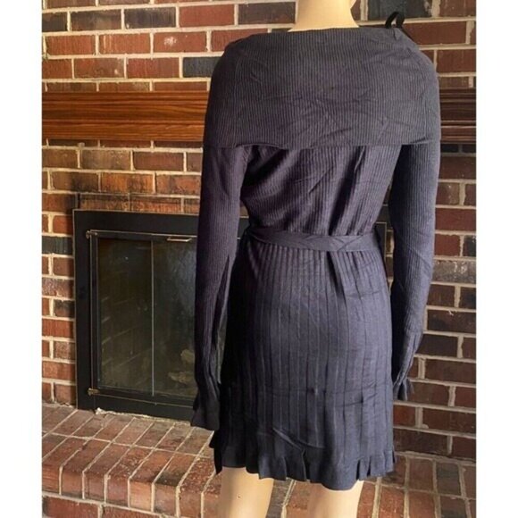 VERTIGO Cowl Neck Pleated Skirt Waist Tie Ribbed Knit Mini Dress Size M Black - Picture 15 of 16